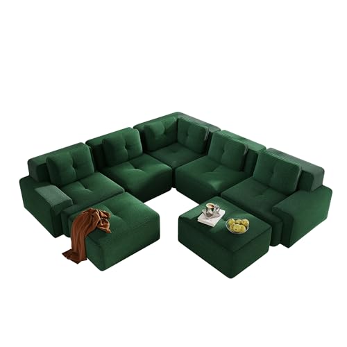 Image of 116.1 inch Modular Sectional Boneless Sofa with 5-Seater, V-Shaped Corner Deep Seat Sofa for Living Room, Big Comfy Cloud Couch with 2 Movable Ottomans, Corduroy Fabric, No Assembly, Green