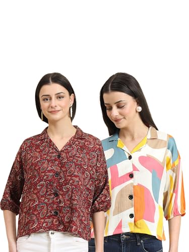 Image of Women's Cotton Blend Printed Combo (Pack of 2) Shirts - 3 /4 Sleeves V Collar Neck