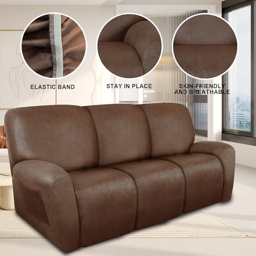 Image of ANARACHON Recliner Couch Cover Leather Look Recliner Sofa Covers for 3 Cushion Reclining Sofa Slipcovers 8-Pieces Furniture Protector Spandex Fabric Washable (3 Seater, 01 Brown)