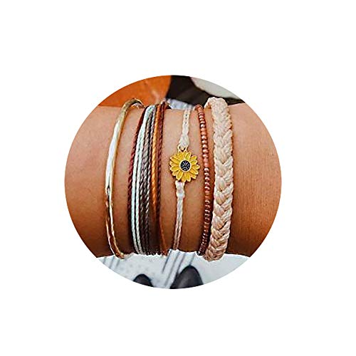 Handmade Braided Wax Rope Adjustable Strand Bracelet Set Waterproof Wave Charm Stretch Knot String Thread Bracelets Simple Life PursuitFriendship Jewelry (B: Sunflower)