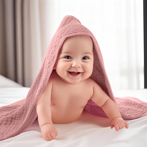 Image of VitalCozy 12 Pcs Baby Muslin Hooded Bath Towels and Washcloths, Muslin Hooded Baby Towels Absorbent Blankets for Gift Newborn Infant Shower (Pink Purple Series)