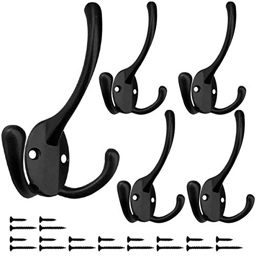 Wall Mounted Coat Hooks 5 Pack Heavy Duty Black Hardware Robe Hooks Decorative For Single Hanging Coats Towel Cubicle Classroom Kitchen Bath Backpack Hat Hook #TOP3