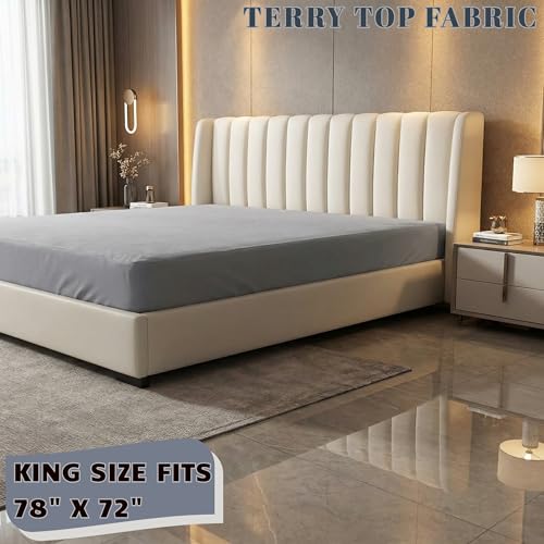 Image of 100% Waterproof Mattress Protector King Size 78x72 Inch | Terry Cotton Feel | Ultra Soft, Breathable, Noiseless & Hypoallergenic | Elastic Fitted | Fits Upto 10 Inch Mattress | 6.5x6Ft |Gray