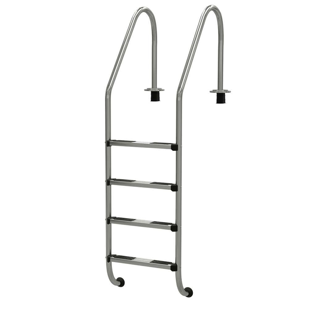 Tiefbeckenleiter Deluxe V4A Edelstahl 4 Stufen mit Weitholm - Premium Poolleiter für Einbaubecken bis 150 cm Tiefe - Hochglanzpoliert mit rutschfesten Stufen