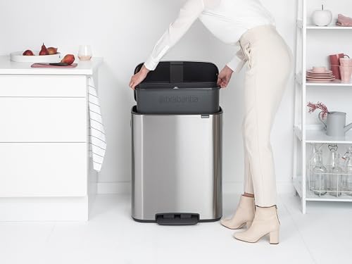 Image of Brabantia Bo Step-On Pedal Trash Can - 16 Gal Inner Bucket (Matt Steel FPP) Waste /Recycling Garbage Can, Removable Compartment