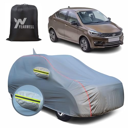 Image of Car Body Cover for Tata Tigor, 100% Waterproof, Heat-Resistant with Mirror & Antenna Pockets, Soft Cotton Lining, Triple Stitched, Green Reflector (Metallic Grey)