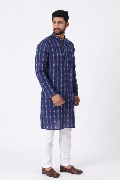 Image of GHL GUENDICHA HAAT Sambalpuri Certified Handloom Men's Pure Cotton Kurta | Odisha Ikat Ethnic Wear | Mandarin Collar | Full Sleeve Traditional Kurta for Men
