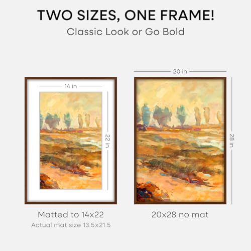 Image of Homeforia 20x28 Picture Frame Brown, High End Dark Oak 20x28 Walnut Wooden Poster Frames with Mat 14x22, 20 x 28 Wood Frame Matted to 14 by 22, 28x20 Hanging Frames, Tempered Glass, Wall Kit, Set of 2