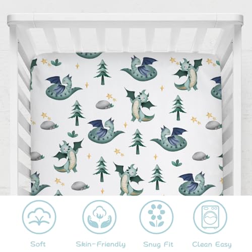 Image of Cartoon Fairy Tale Dragon Trees Stars Baby Crib Sheets 52''x28'' Watercolor Dragons Stretchy Fitted Crib Mattress Cover for Boy Girl Soft Bed Sheet for Standard Crib and Toddler Mattress
