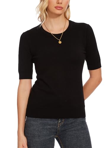 Image of Spicy Sandia Women's Short Sleeve Sweater Casual Knit Pullover Top for Summer Lightweight Black M