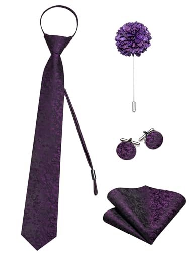 Image of Hi-Tie Zipper Ties for Men Pre-tied Tie Set Lapel Pin Pocket Square and Cufflinks Formal Business Wedding Adjustable Necktie