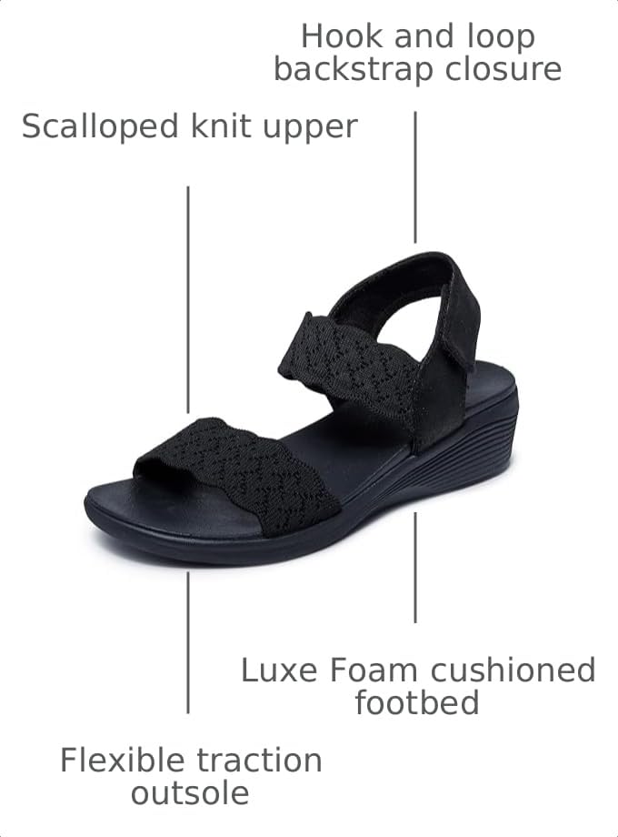 Image of Skechers Women's Arya - on the Rise | Luxe Foam Cushioned Footbed, Scalloped Knit Upper, Machine Washable, Vegan, Adjustable Backstrap, Low 1.25 inch Wedge