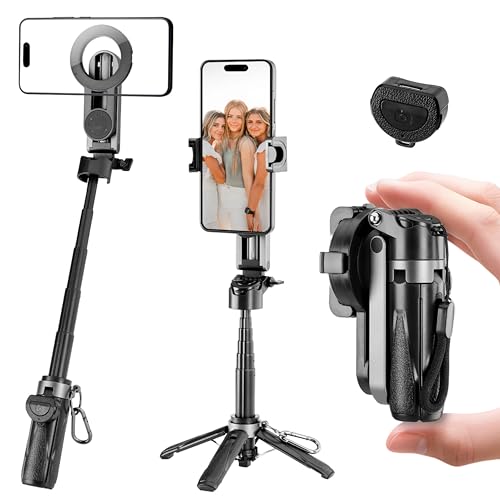 Magnetic Tripod for Phone,2 in 1 for Magsafe Stand＆ Clip Portable Pocket Size Selfie Stick for Android/iPhone,Phone Holder with Wireless Rechargeable Remote Control for Photography, Live Streaming