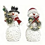 LFLKPY Snowman Christmas Decorations Set of 2 with LED Lights, Resin Light Up Snowman Figurines with Tree & Wreath, Battery Operated Holiday Tabletop Decor for Xmas Home, Mantel, Shelf, Gift