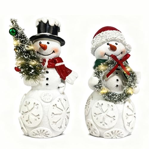 LFLKPY Snowman Christmas Decorations Set of 2 with LED Lights, Resin Light Up Snowman Figurines with Tree & Wreath, Battery Operated Holiday Tabletop Decor for Xmas Home, Mantel, Shelf, Gift
