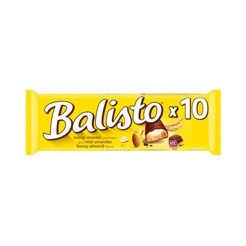 BALISTO - Barre Biscuit Céréales et Chocolat au Lait - 10 x 18,5g - Goût Miel & Amande - Boite de Barres Chocolatées - 185g