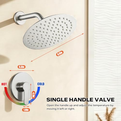 Set de grifería para ducha con válvula, regadera fija de lluvia de 8 pulgadas, cabezal de ducha de alta presión y manija sencilla, sistema de ducha para baño, fácil instalación, montaje en pared, níquel miniatura 2