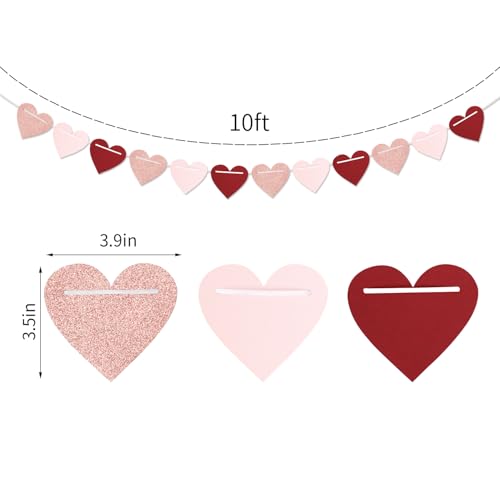 Image of Galentines Party-Decorations Valentines Day Heart-Garland - 52ft Burgundy-Red Rose-Gold Streamers Paper Banner, Pink Anniversary Baby Shower Wedding Hanging Decor Hugfond