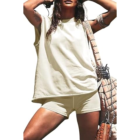 Lviefent 2 Piece Outfits for Women Oversized Tank Top Biker Shorts Sets Hot Shot Set Tracksuit Workout Set (Beige-M) Cover