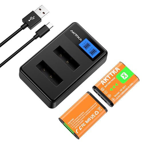 AKTTKA Batería Recargable para Cámara NP-BX1 de 1380mAh (Pack de 2) y Cargador Dual con Entrada Type-C y Pantalla LCD – Compatible con Sony ZV-1, DSC-HX80, HX90V, HX95, RX1, RX100, FDR-X3000, HDR-AS50