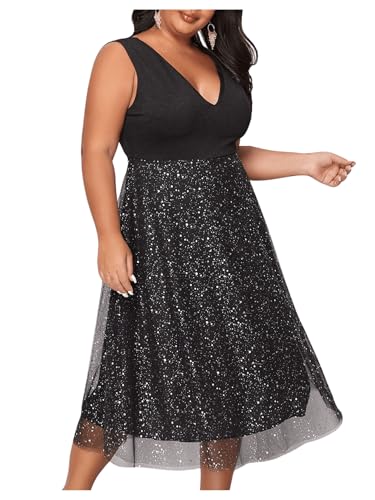 Floerns Women's Plus Size V Neck Sleeveless Sequin Cocktail Party Midi Dress4