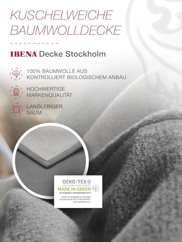 Ibena Stockholm Bio Wolldecke 140x200 cm - 100% Baumwolle, Made in Germany, Baumwolldecke grau hellgrau zweifarbig