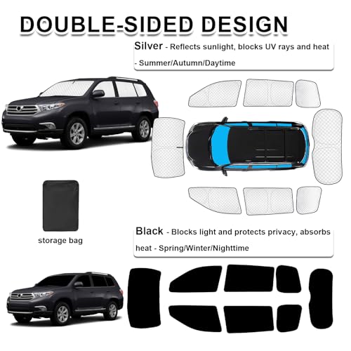 Image of KMF 8pcs Thicken Car Sun Shades for Toyota Highlander 2008-2013 Accessories, Custom Fit Window Covers Sunshade for Windshield Side Rear, UV Block and Blackout Privacy for Car Camping Outdoor