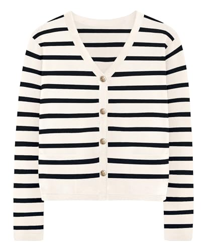 Women's Striped Cardigan Sweaters - Long Sleeve Button Down V Neck Knit Cardigans Classic Casual Tops for Women