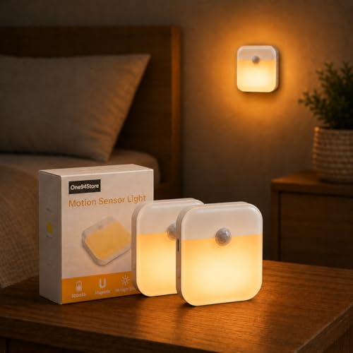 Image of One94Store Rechargeable Motion Sensor Light (Pack of 2), Warm White LED Night Lamp with Auto On /Off, 600mAh Battery, USB Charging Light for Bedroom, Wardrobe, Stairs & Cabinet