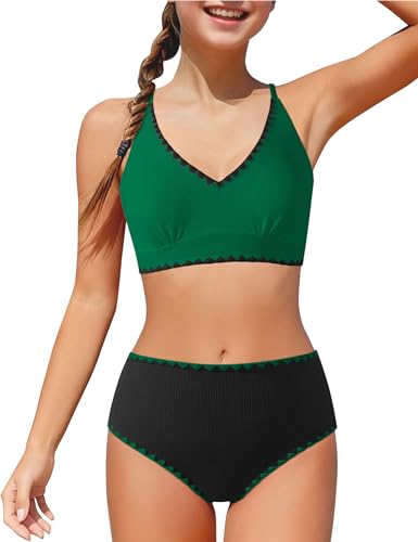 Image of Girls Swimsuit Contrast Trim Cross Back Swimwear Girls Bathing Suit with Padding 7-16Y
