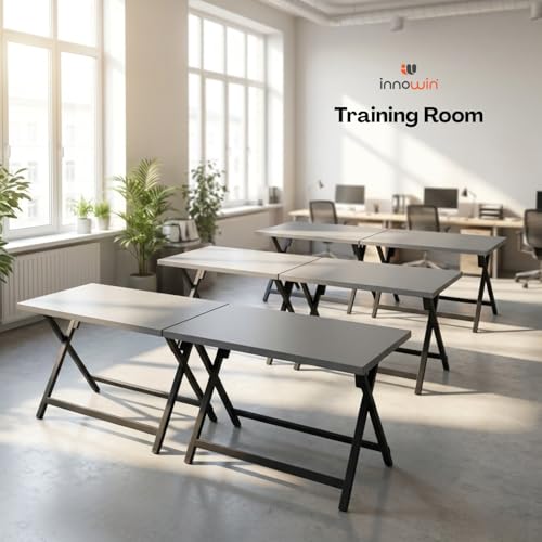 Image of INNOWIN Startup Table | Foldable Work Desk with Particle Board Top & Mild Steel Frame | Space Saving Study Table for Home, Office, Laptop Desk | Modern Black Frame & Grey Top