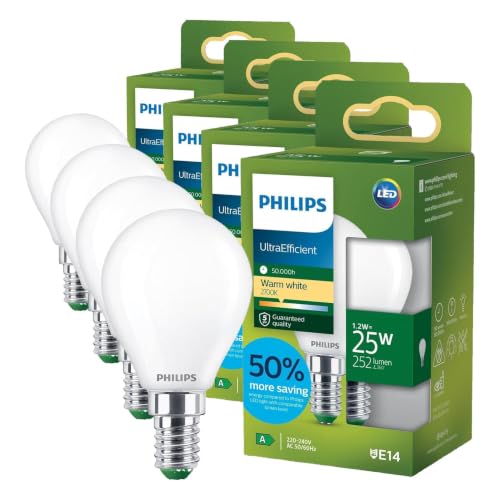 Bombilla LED E14 PHILIPS UltraEfficient P45 de 25W con luz cálida y clase A en pack de 4