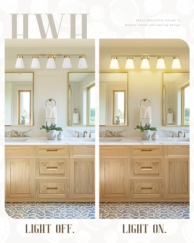 Image of Bathroom Light Fixture, HWH 5-Light Bathroom Vanity Light Brushed Gold Vanity Lighting Over Mirror, Modern Vanity Lights with Frosted White Striped Glass, 5HZG97B-5W BG