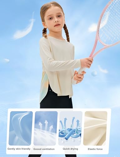 Image of Venzina Girls' Long Sleeve Workout Top with Thumbholes Quick-Dry 4-Way Stretch Moisture Wicking Shirt for Yoga, Dance, Gymnastics(Age 6-10)