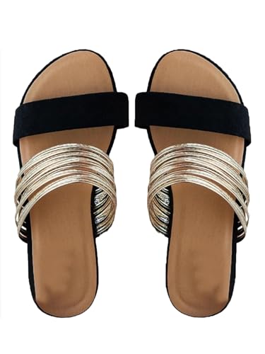 Women's Metallic Strappy Flat Sandals Summer Slide Sandals Casual Shoes