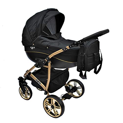 Cleo Kombi Kinderwagen 3 in 1 schwarz/gold - mit Vollgummireifen
