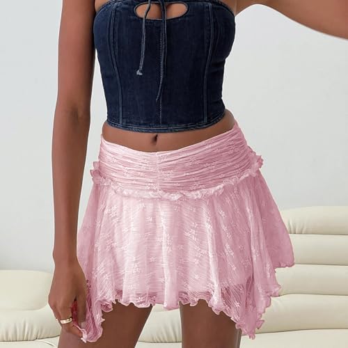 Lace Mini Skirts for Women Y2k Girls Low Rise Ruffle Hem Asymmetrical Layered Short Skirt Flowy Fairy Party Skirt2