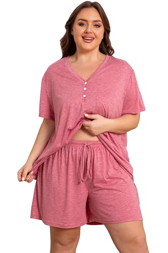 Vozanet Womens Plus Size Solid Pajama Sets Button V Neck Sleepwear Summer Shorts Nighty Soft Loungewear with Pockets Lotus 3X-Large