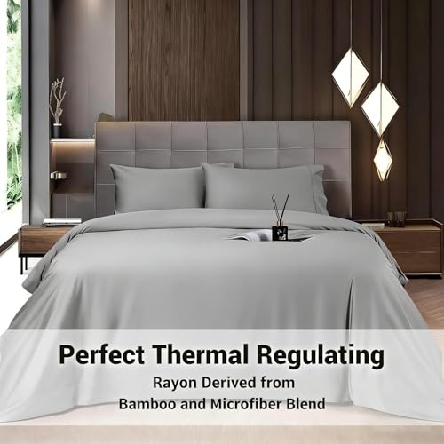 Image of Shilucheng 4 Piece Queen Sheet Sets, Cooling Sheets, Blend Rayon Derived from Bamboo, Deep Pocket Up to 16 inch, Breathable & Soft Bed Sheets, Hotel Silky Bedding Set, Grey