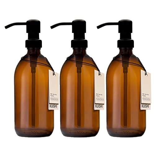 Kuishi Juego de Tres Botellas de Vidrio marrón ámbar de 500 ml con Bomba Negra de Acero Inoxidable, dispensador de jabón Recargable ecológico, decoración de baño Elegante Cover