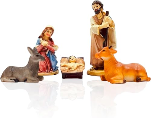 Generico Set MINI Natività 5 pz da h. 7 cm Presepe Statuine in Resina Classica con 5 soggetti Idea Regalo Personaggi Giuseppe Maria Gesù Bambino Asinello Bue Sacra Famiglia Grande