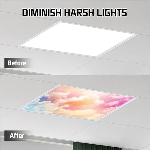 Image of 2 Pack Fluorescent Light Cover for Ceiling Light Classroom- Rosy Cloud Magnetic Light Cover Fluorescent Light Shade Panel, Decorative Film Filter for Reducing Harsh Glare Home Decorations