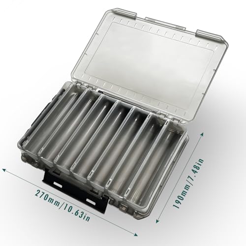 Jemey Köderbox Angeln, 27 x 18 x 5 cm Doppelseitig Köderbox Angeln mit Tragegriff, 14 Fächer Hardbait Box Tackle Box für Hardbaits Wobbler Gummiköder Angel Zubehö