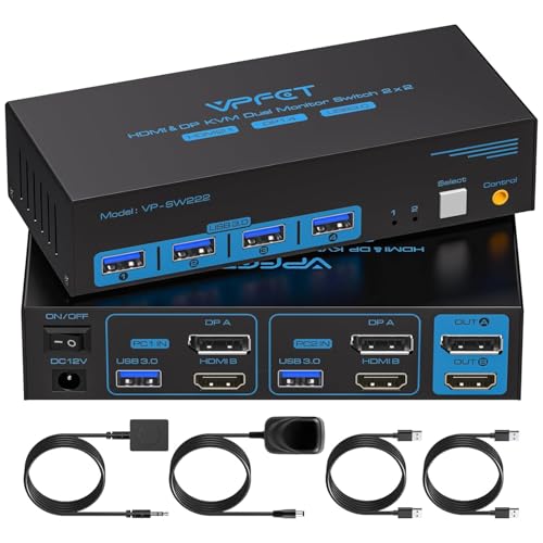 VPFET 8K@60Hz HDMI Displayport KVM Switch 2 Monitors 2 Computers 4K@120Hz Dual Monitor KVM Switches Two Computers Share 4 USB 3.0 port Include DC12V Adapter Desktop Controller and 2 USB 3.0 Cables