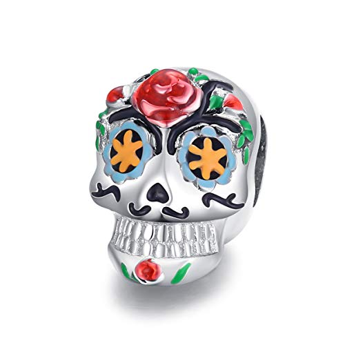 Halloween Ghost Charm Skull Bead 925 Sterling Silver for Pandora Style Bracelet,for Halloween (Colorful Skull Charm)