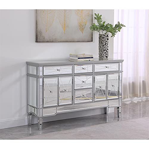 Bowery Hill Contemporary Mirrored Wood Buffet Console Sideboard In Silver Finish With 4 Cabinets And 5 Drawers #TOP1