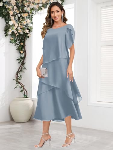 Tea Length Mother of The Bride Dresses for Women Short Sleeve Chiffon Tiered Formal Dress2