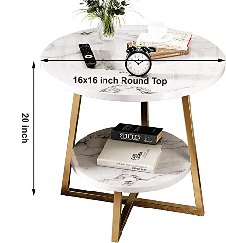 Image of Al Hama Coffee Table 2 Tier Round Tea Marble Pattern Table Modern Side Tables Sofa Table with Metal Frame Light End Tables for Living Room-White-Black