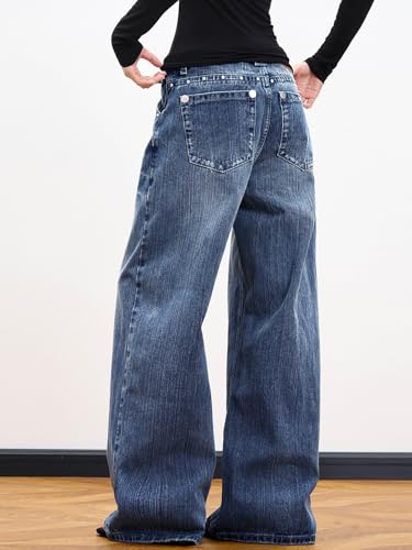 Image of EMMIOL Women Hip Hop 90s Vintage Baggy Jeans Denim Pants Mid Waist Jeans