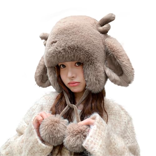 Women Girls Winter Plush Faux Fur Hat Cute Animal Horns Ears Cap Furry Soft Hooded Beanie Trapper Animal Costume Hat